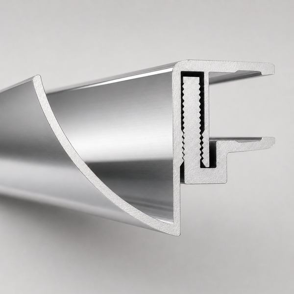 Aluminiumprofil für Küchenrückwände im Querschnitt mit gebogenem Abschluss und Montageschiene.