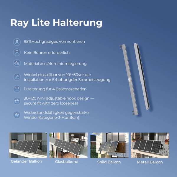 Ray Lite Halterung aus Aluminiumlegierung für Balkonkraftwerke, verstellbarer Winkel 10 bis 30 Grad, Montage ohne Bohren für diverse Balkontypen.