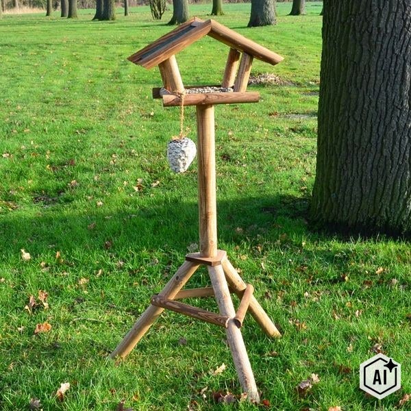 Holzvogelhaus auf einem Ständer mit Vogelfutter, platziert auf einer Wiese.