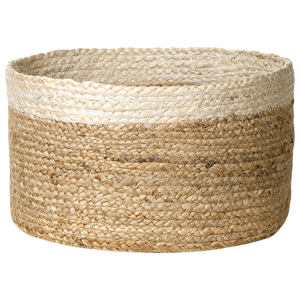 Rund geflochtener Korb aus Jute mit zweifarbigem Design.