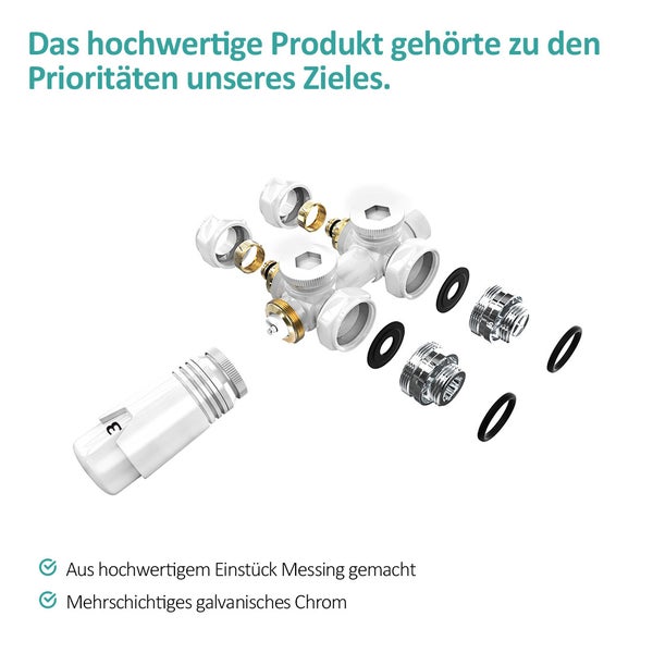 EMKE Multiblock Heizkörperthermostat-Set für Heizkörper φ16 × G1/2, 2 Stück Set, Anschlussarmatur und Ventil mit Thermostat, Weiß