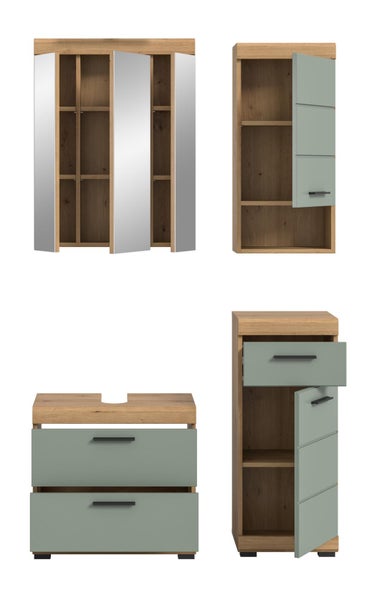 Badezimmermöbel-Set in Holzoptik mit mintgrünen Fronten, bestehend aus Spiegelschrank, Hochschrank, Waschbeckenunterschrank und Midischrank.