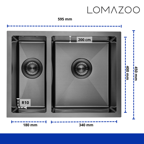 Technische Zeichnung der Lomazoo Edelstahl Spüle mit zwei Becken und Maßangaben in Millimeter.