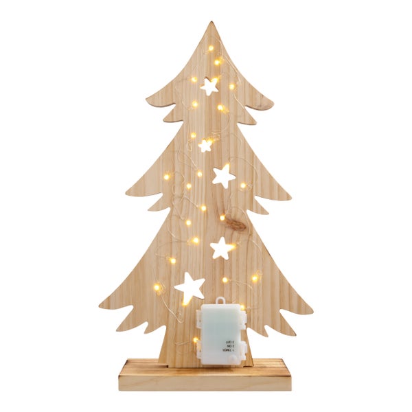 Dekorativer Weihnachtsbaum aus Holz mit Sternen und Beleuchtung