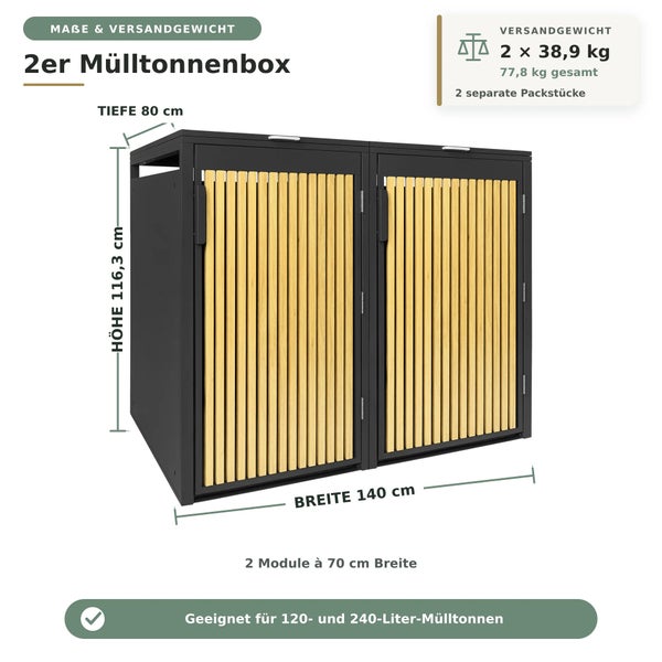 Metall-Mülltonnenbox für zwei Tonnen mit Holzlatten. Höhe 116,3 Zentimeter, Breite 140 Zentimeter, Tiefe 80 Zentimeter. Für 120 und 240 Liter Tonnen.