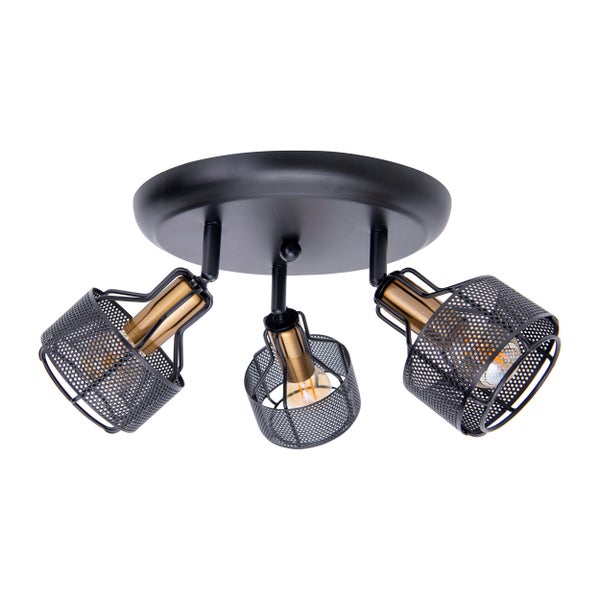 Deckenleuchte mit drei Strahlern und Lampenschirmen aus Metalldraht