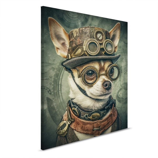 Leinwandbild eines Chihuahuas im Steampunk-Stil mit Hut und Brille
