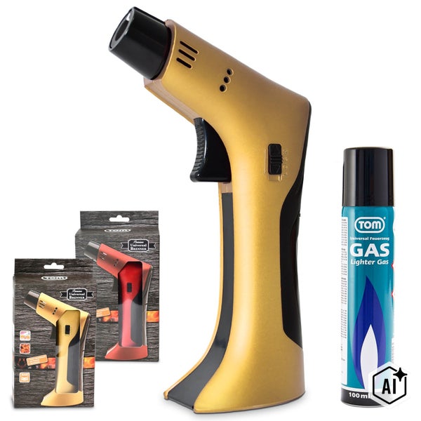 TOM Universalbrenner mit Gasnachfüllflasche, 100 Milliliter, ideal für Küche und Werkstatt, inklusive zwei Produktverpackungen.