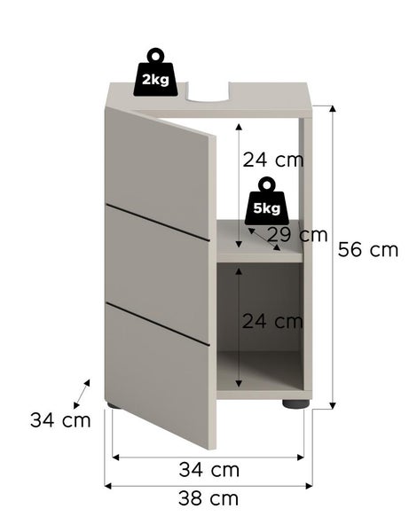 Waschbeckenunterschrank mit den Maßen 56 cm Höhe, 34 cm Tiefe und 38 cm Breite.