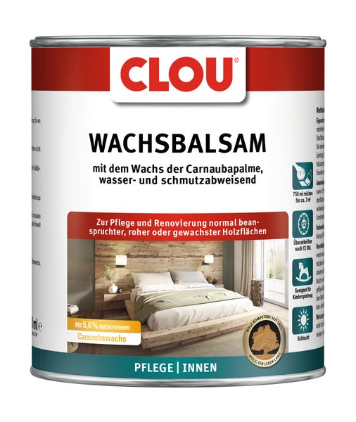 CLOU Wachsbalsam für die Pflege und Renovierung von Holzoberflächen im Innenbereich in einer Metalldose mit Anwendungshinweisen.