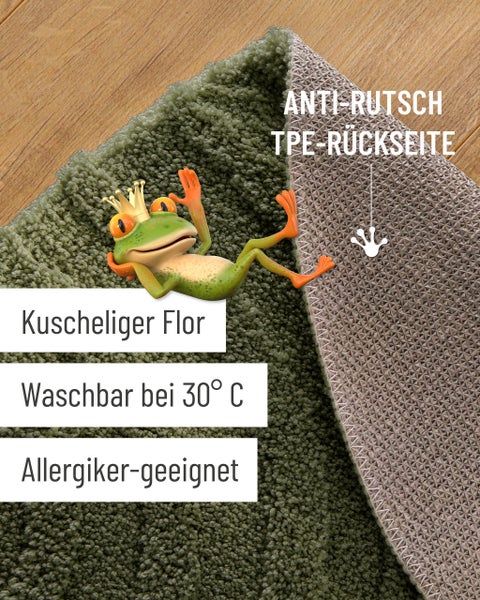 Badematte mit weichem Flor und rutschhemmender Rückseite, waschbar bei 30 Grad, für Allergiker geeignet.