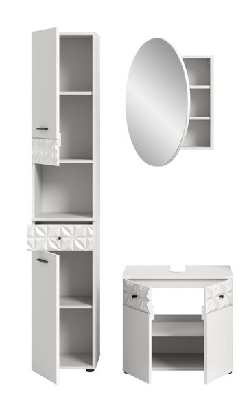 Modernes weißes Badezimmermöbel-Set mit Hochschrank, rundem Spiegelschrank und Waschbeckenunterschrank mit dreidimensionalem Rautenmuster.