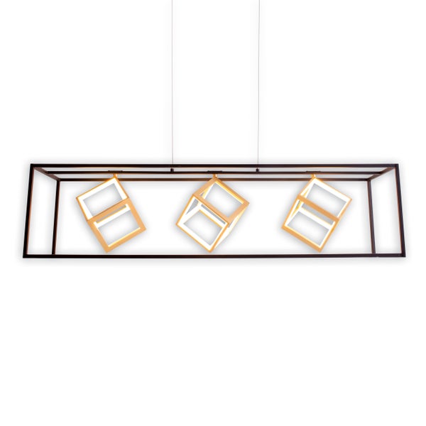 Hängelampe mit rechteckigem Rahmen und drei würfelförmigen Leuchten