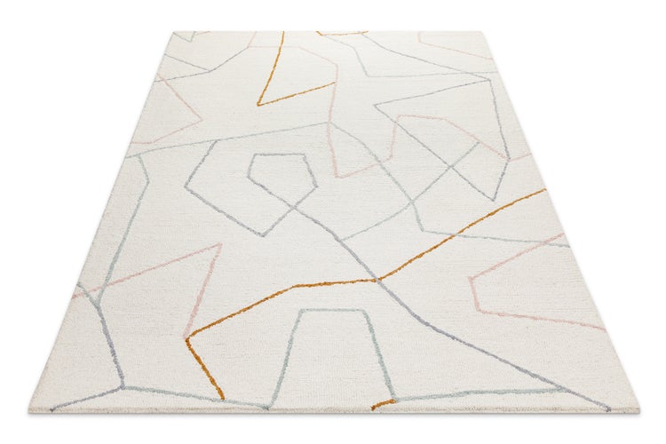 Rechteckiger Teppich mit abstraktem geometrischem Linienmuster auf hellem Grund.