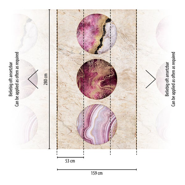 Fototapete mit drei abstrakten Kreisen in Marmoroptik, Höhe 280 Zentimeter, Breite 159 Zentimeter, beliebig oft ansetzbar.