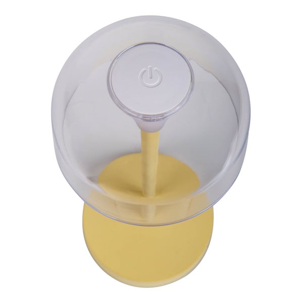 Tischleuchte mit transparentem Lampenschirm und gelbem Sockel