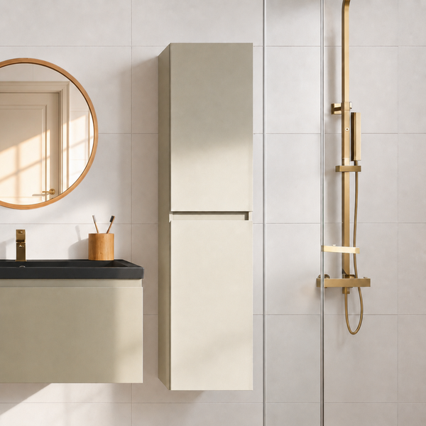 Modernes Badezimmer mit Waschtisch, Hochschrank und Duscharmatur vor hell gefliester Wand mit rundem Spiegel.