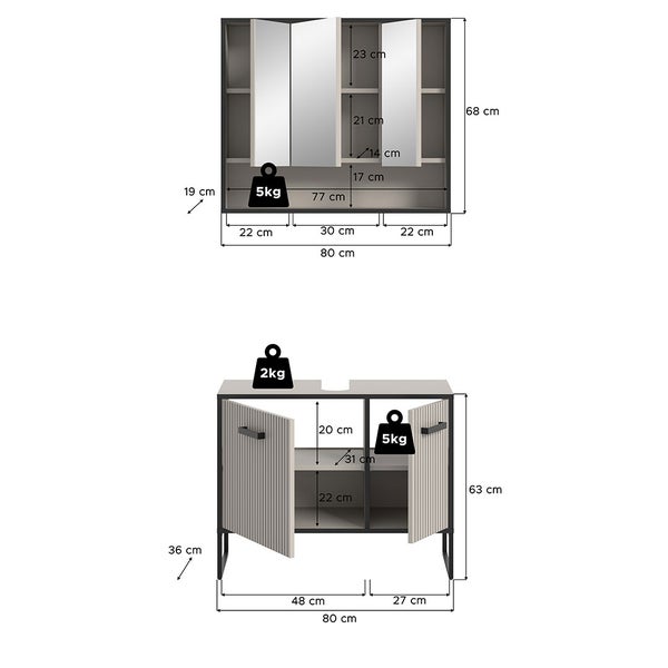 Bagno Badmöbelset 2 Teile hellgrau, cremefarben. 80 X 36 X 192 cm