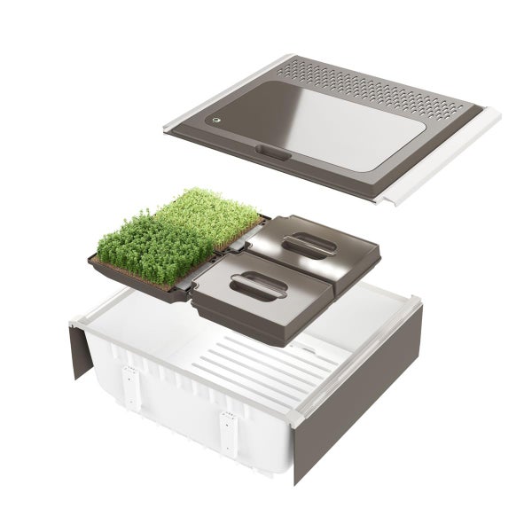 Indoorgarten-System für Microgreens mit Anzuchtschalen, weißem Basisbehälter und belüftetem Deckel mit Sichtfenster.