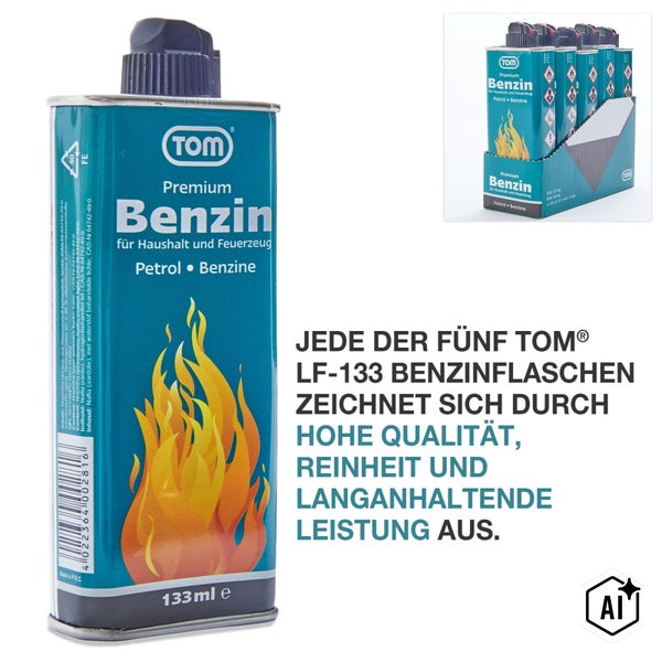 TOM Premium Feuerzeugbenzin in 133 Milliliter Flasche und als 5er Packung für Haushalt und Feuerzeuge.
