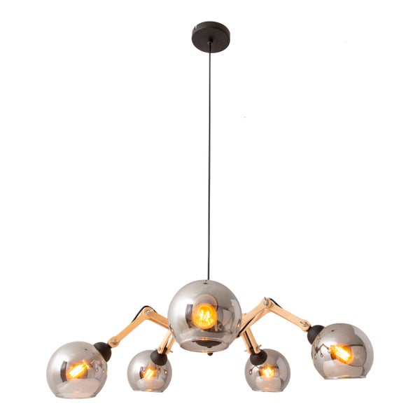 5er Glas-Pendelleuchte SOITO Hängelampe aus Metall, Glas und Gummibaumholz, mit E14-Fassung, für Esszimmer, Wohnzimmer, Diele oder Büro, 80 cm Durchmesser