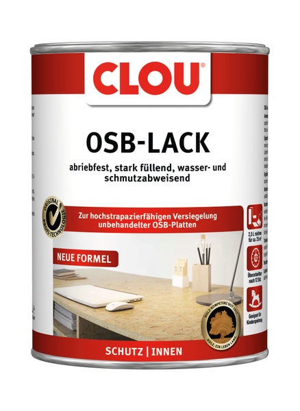 Clou OSB-Lack für innen, abriebfest, stark füllend, wasser- und schmutzabweisend, geeignet für Kinderspielzeug.