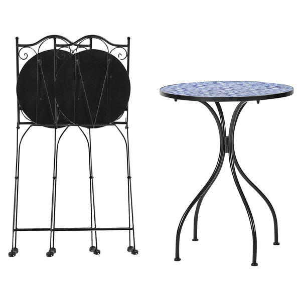 Zwei klappbare Bistrotische aus Metall mit Mosaikplatte, einer aufgebaut, einer zusammengeklappt.