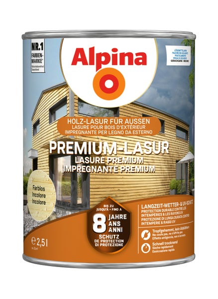 Alpina Premium Holzlasur farblos fuer den Aussenbereich 2,5 Liter Wetterschutzlasur fuer dauerhaften Schutz gegen UV Strahlung und Witterung