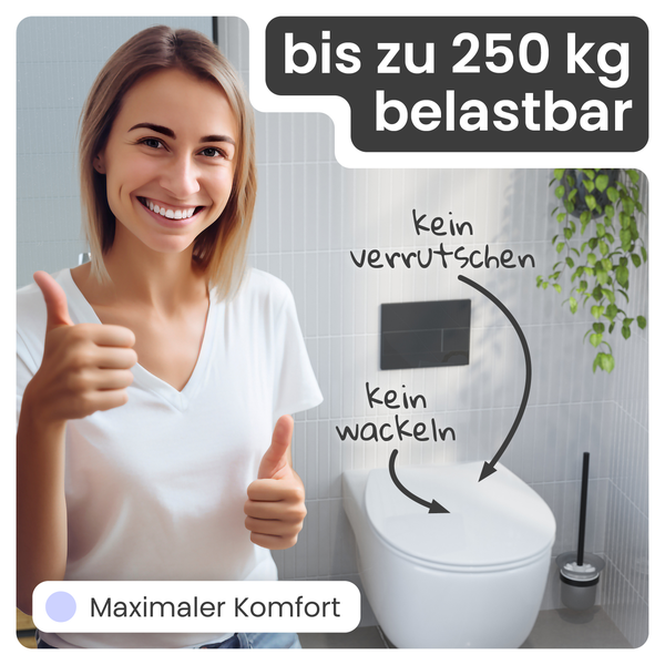 Frau zeigt Daumen hoch vor spülrandlosem Wand-WC, das bis zu 250 Kilogramm belastbar ist und maximalen Komfort bietet