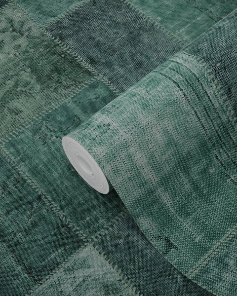 ESTAhome Tapete orientalisches-Marrakech Kelim-Patchwork Smaragdgrün - 53 cm x 10.05 m - 148652