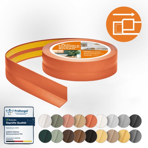 Flexible Weichsockelleiste aus PVC auf einer Rolle mit Klebestreifen, inklusive Farbübersicht und Prüfsiegel für geprüfte Qualität.