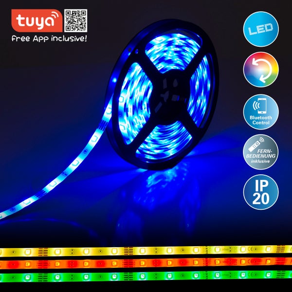 LED-Lichtband auf Rolle mit verschiedenen Farben und Tuya Logo