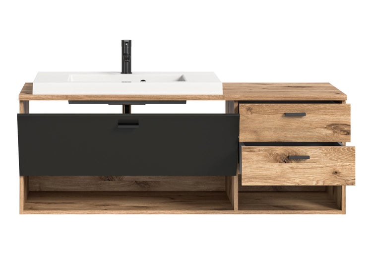 Grado Waschbeckenunterschrank 140cm 3 Schubladen, 2 Ablagen Eiche dekor,matt grau. 140 X 48 X 50 cm