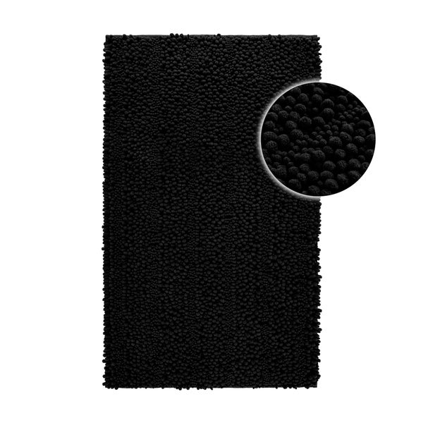 Schwarze Badematte mit Chenille-Struktur und Detailansicht der weichen Oberfläche.