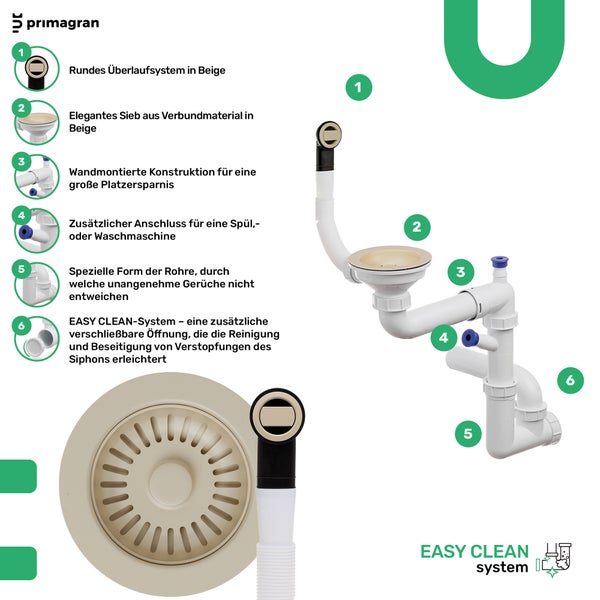 Primagran Spültischablaufgarnitur mit rundem Überlaufsystem und zusätzlichem Anschluss für Spül- oder Waschmaschine