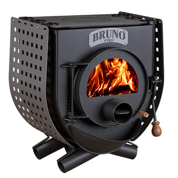 Bruno Pyro Holzofen mit Sichtfenster und brennendem Feuer im Inneren sowie seitlichen Lüftungsgittern.