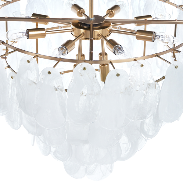 Deckenleuchte mit goldenem Rahmen und transparenten Glasanhängern