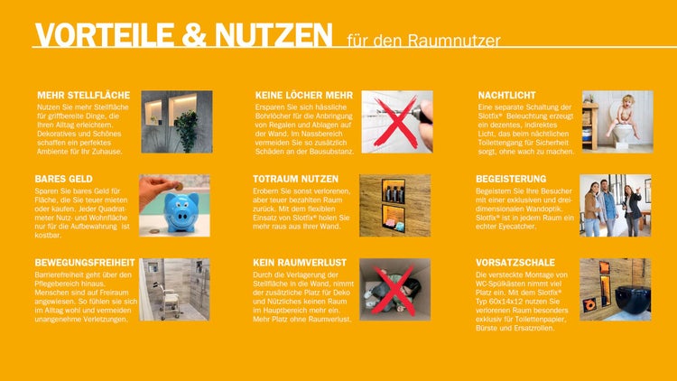 Produktvorteile von Slotfix zur Raumnutzung: mehr Stellfläche, keine Bohrlöcher, Nachtlicht, bares Geld sparen, ungenutzten Raum nutzen, Begeisterung, Bewegungsfreiheit, kein Raumverlust, Vorbauschale