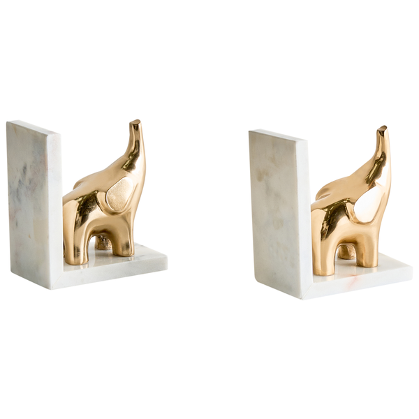 Zwei Buchstützen mit goldenen Elefantenfiguren auf Marmorsockel