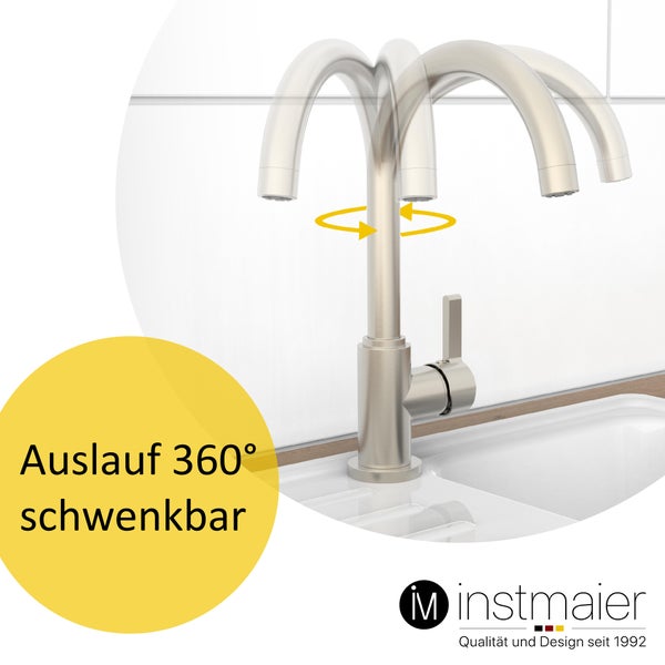 instmaier Niederdruck Küchenarmatur K3 | 360° schwenkbar | Wasserhahn Küche | Spültischarmatur Edelstahlfarben | Hoher Auslauf | mit Zentralverschraubung