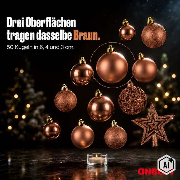 Set mit 50 braunen Weihnachtskugeln in verschiedenen Groessen und Oberflaechenstrukturen mit Weihnachtsstern und Teelicht.