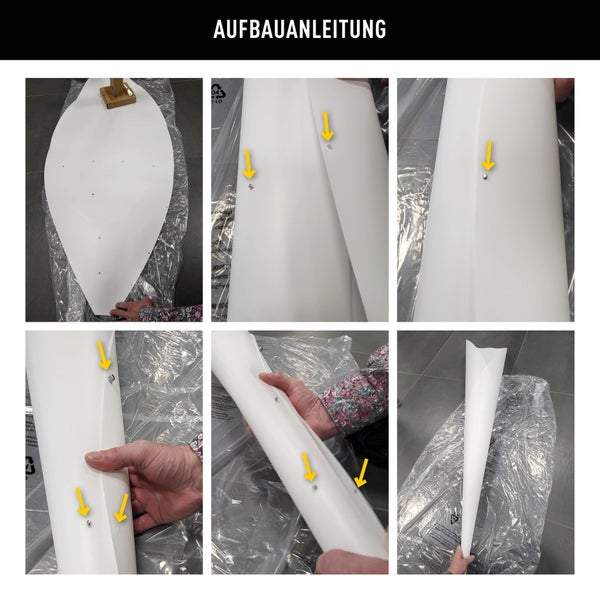 Aufbauanleitung eines Produkts, das aus mehreren Teilen besteht, die mit Schrauben verbunden werden.