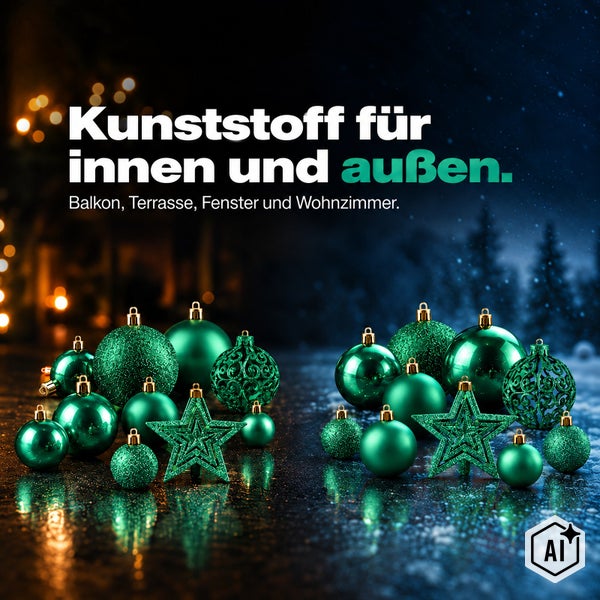 Set aus weihnachtlichen Kunststoffkugeln und Sternen für innen und außen, geeignet für Balkon, Terrasse, Fenster und Wohnzimmer.