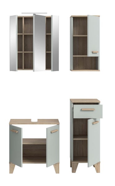 Set aus Badezimmermöbeln bestehend aus Spiegelschrank, Hängeschrank, Waschtischunterschrank und einem Hochschrank mit Einlegeböden und Schublade.