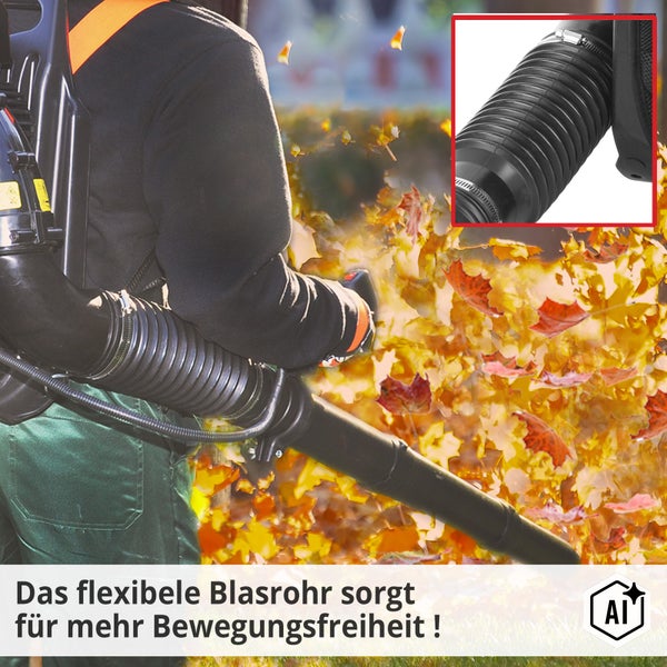 Person mit einem rückentragbaren Laubbläser, der über ein flexibles Blasrohr für mehr Bewegungsfreiheit verfügt.