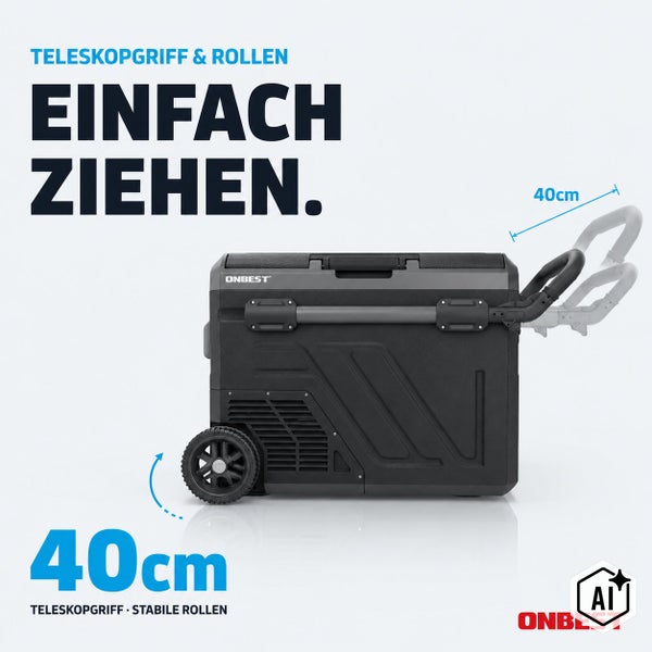 Tragbare Kühlbox von Onbest mit Teleskopgriff und stabilen Rädern, ausziehbar auf 40 Zentimeter zum einfachen Transport.