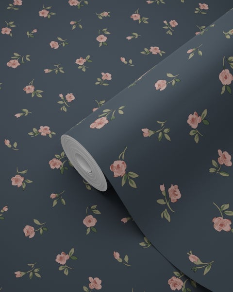 ESTAhome Tapete Blumenmuster Dunkelblau und Rosa - 50 x 900 cm - 139836