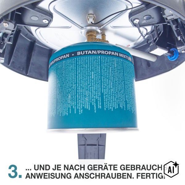 Gaskartusche mit Butan und Propan Gemisch in ein Gerät eingeschraubt.