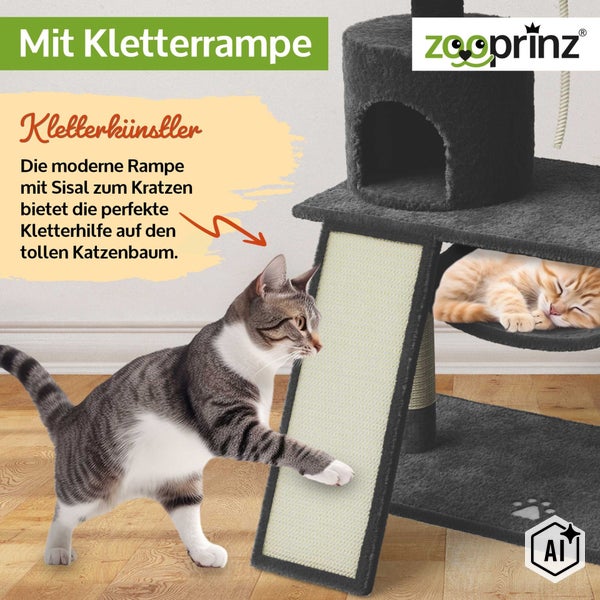 Katzenkratzbaum von Zooprinz mit Kletterrampe und Sisaloberfläche für Katzen, inklusive Schlafhöhle und Liegeplatz.