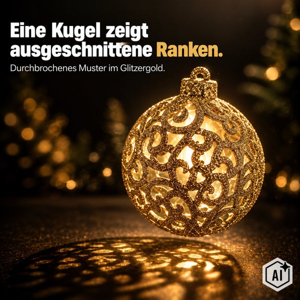 Weihnachtskugel mit durchbrochenem Rankenmuster und glitzernder Oberfläche als Christbaumschmuck.